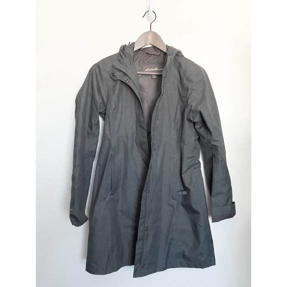 Eddie Bauer On The Go Trench Rain Jacket Hood Mid Length XS Grey Lightweight - Picture 1 of 7